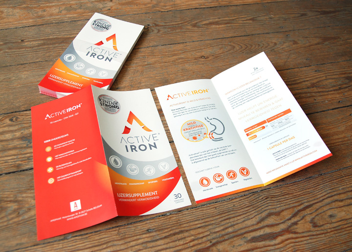 Ontwerp brochure ActiveIron van Amophar. Ijzersupplement - ijzer helpt uw energieniveau te bewaren & gaat vermoeidheid tegen.