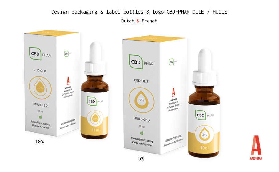 Ontwerp verpakking en etiket flesje (5% & 10%) en logo CBD-PHAR olie van Amophar.