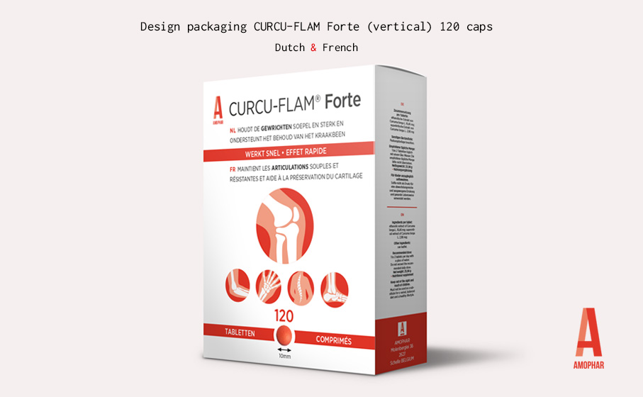Ontwerp verpakking 'CURCU-FLAM Forte' (verticale versie) - Amophar.