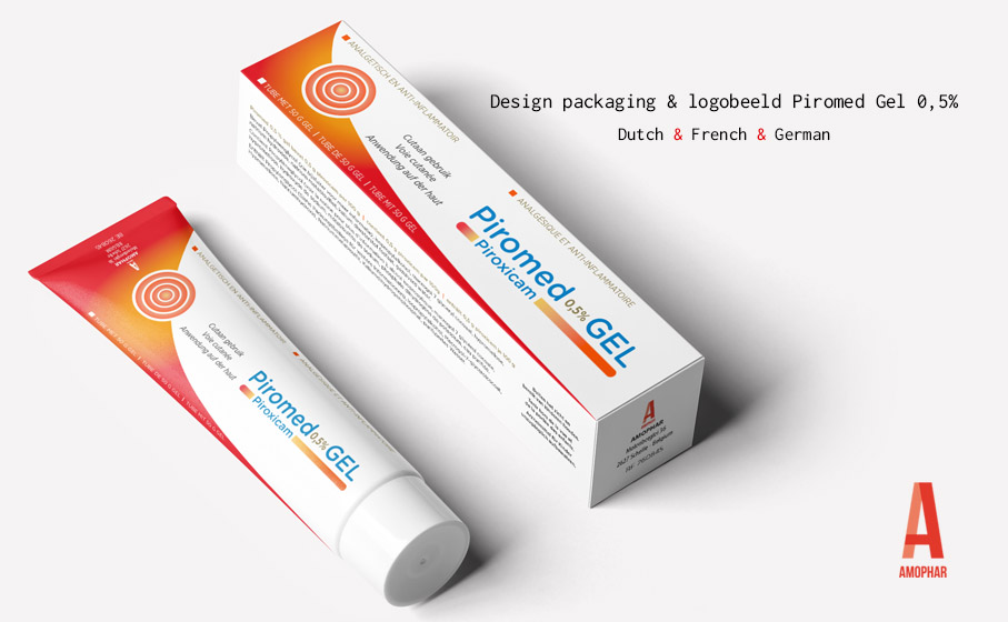 Ontwerp verpakking (tube & doosje) & logobeeld 'Piromed Gel' van Amophar.